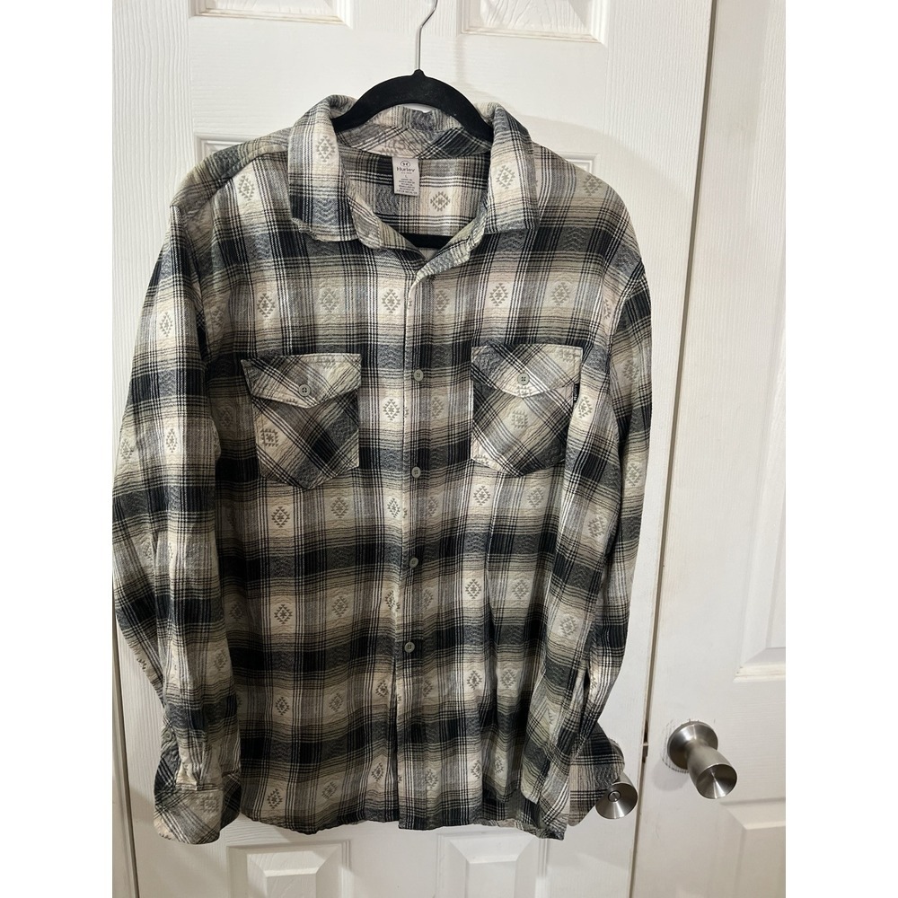 Hurley Mens Large Brushed Plaid Flannel Long Sleeve Button Up Shirt Black/Gray